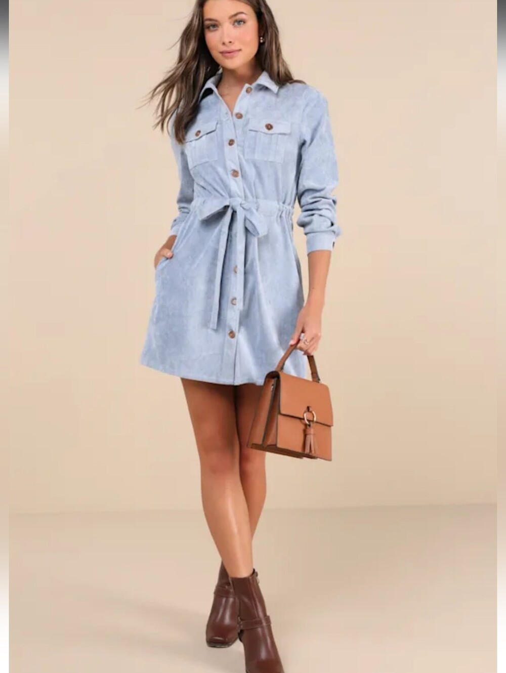 Lulus Simple Affection Blue Corduroy Mini Dress With Pockets Small NWT